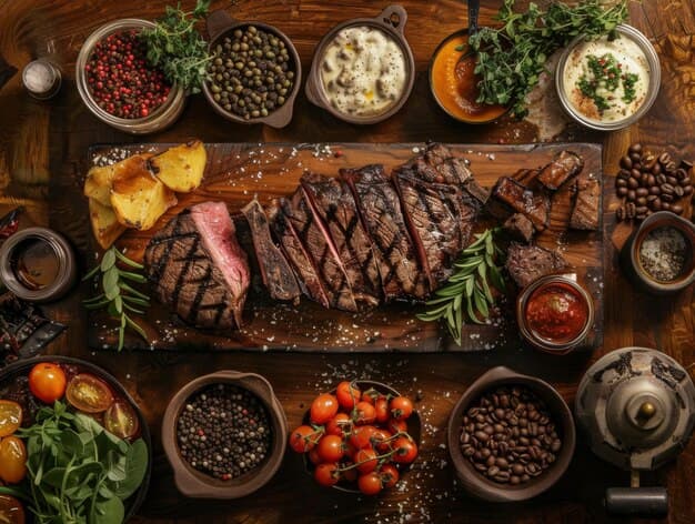 Steak served on a rustic table